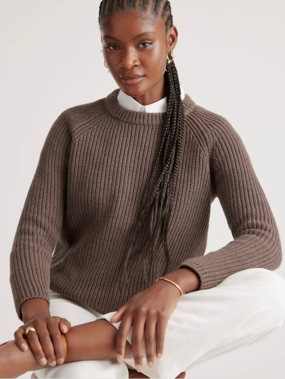 Quince 100% Organic Cotton Fisherman Crew Sweater Heather Brown Medium - Picture 8 of 13